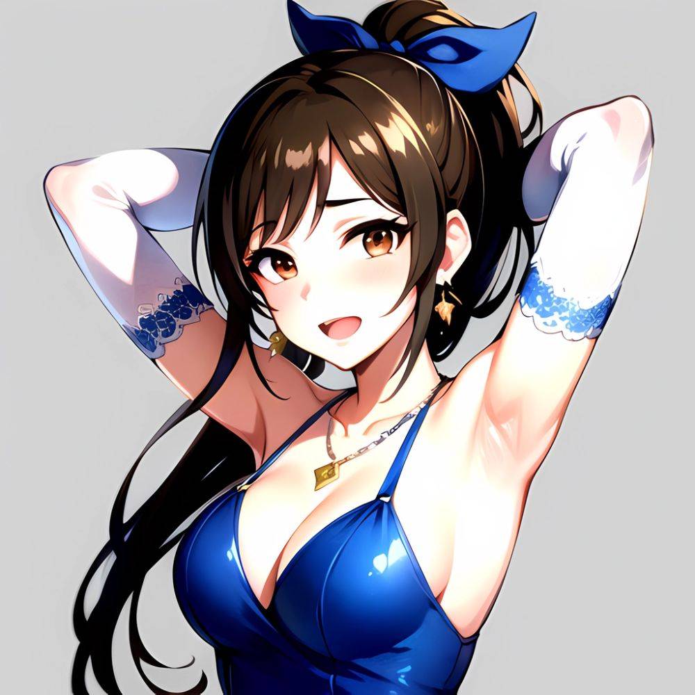 1girl Absurdres Armpits Arms Up Ayase Honoka Black Gloves Blue Bow Blue Dress Blush Bow Breasts Brown Eyes Brown Hair, 548014414 - AIHentai - #main