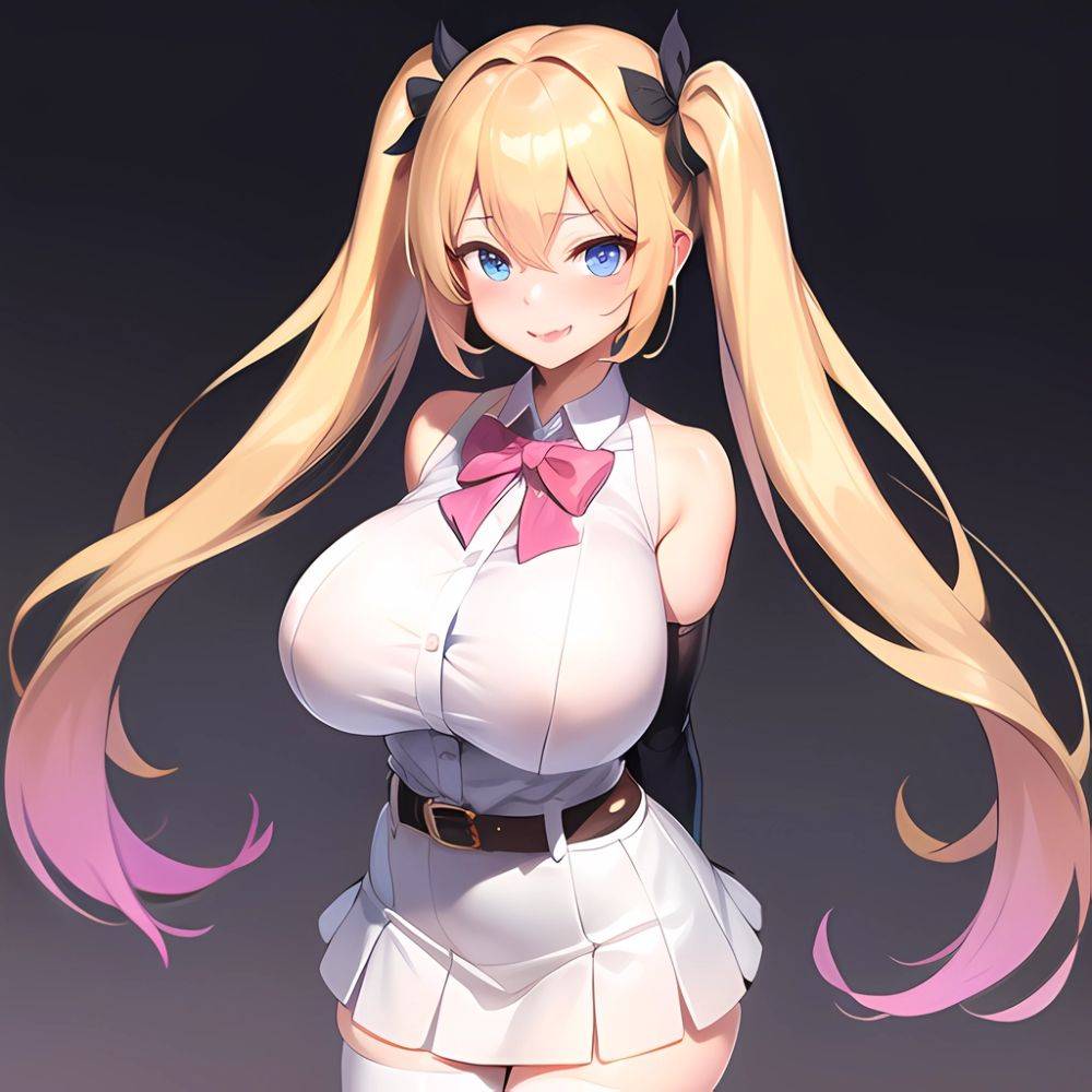 1girl Aymusk Belt White Skirt Blonde Hair Blue Eyes Blush Bow Bowtie Breasts Curvy Elbow Gloves Fang Gloves Gradient Background, 2992987370 - AIHentai - #main