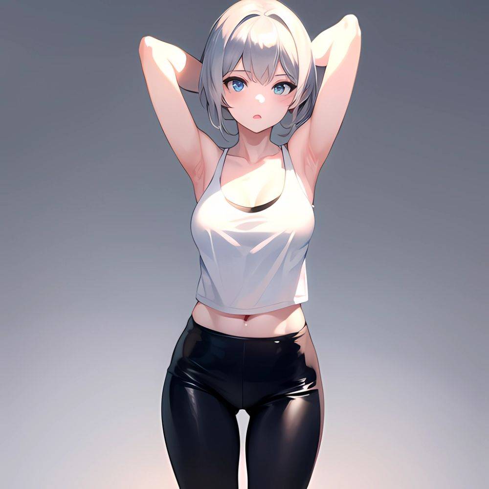 1girl Solo Tank Top Leggings Blue Eyes Standing Fully Clothed Pov Simple Background Arms Behind Head, 203810510 - AIHentai - #main