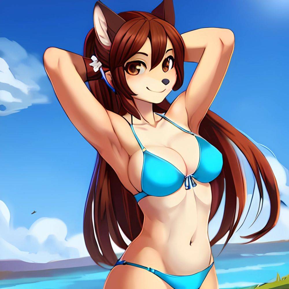 1girl Armpits Arms Behind Head Bikini Brown Eyes Brown Hair Cowboy Shot Dot Nose Flat Chest From Side Hair Ornament, 3463059450 - AIHentai - #main