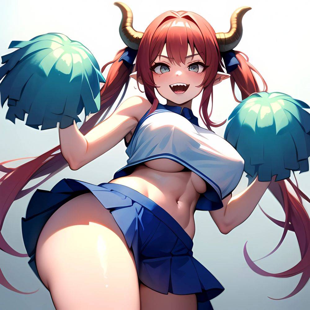1girl Absurdres Blue Skirt Bluefrok Breasts Cheerleader Dragon Girl Dragon Horns Highres Holding Holding Pom Poms Horns Huge Bre, 1534640140 - AIHentai - #main