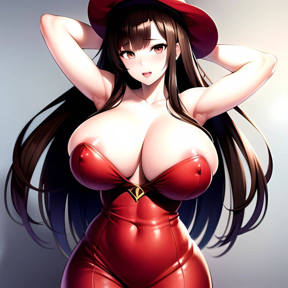 1girl Absurdres Bare Shoulders Black Headwear Breasts Breasts Out Brown Eyes Brown Hair Cleavage Dragon 039 S Crown Dress Highre, 3276925316 - AIHentai - #main