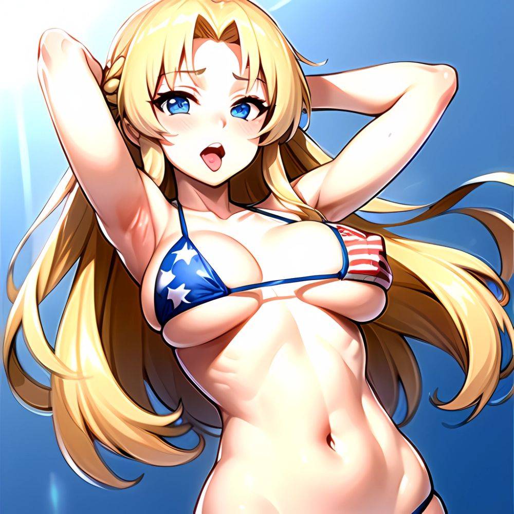 1girl American Flag Bikini Armpits Arms Behind Head Bikini Blonde Hair Blue Eyes Blush Breasts Covered Erect Nipples Flag Print, 2752677430 - AIHentai - #main