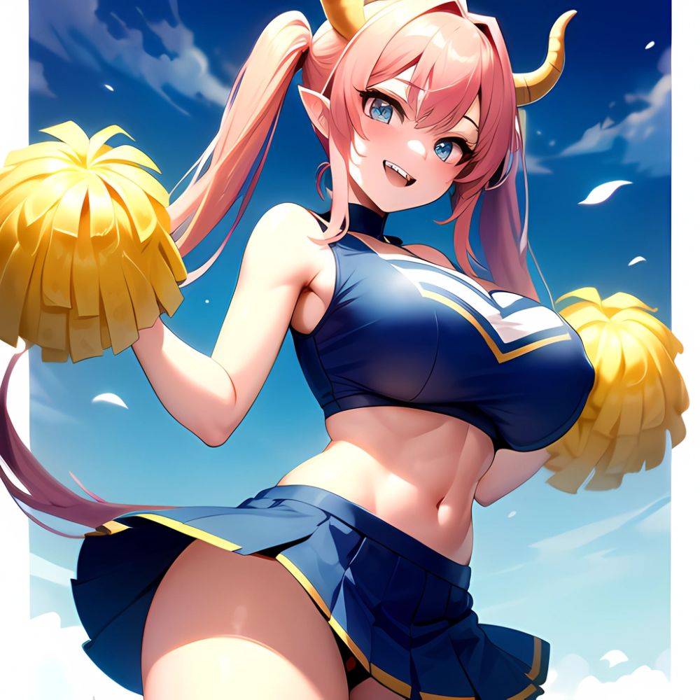 1girl Absurdres Blue Skirt Bluefrok Breasts Cheerleader Dragon Girl Dragon Horns Highres Holding Holding Pom Poms Horns Huge Bre, 1707912845 - AIHentai - #main