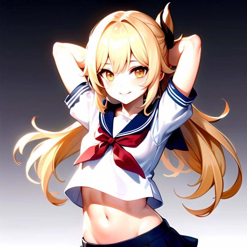 1girl Arms Up Arms Behind Head Blonde Hair Blue Skirt Bow Crop Top Crop Top Overhang Genshin Impact Gradient Background, 1091162077 - AIHentai - #main