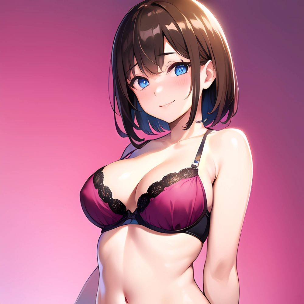 1girl Ai Generated Blue Eyes Blush Breasts Brown Hair Highres Large Breasts Light Smile Looking At Viewer Pink Background Short, 1801838073 - AIHentai - #main