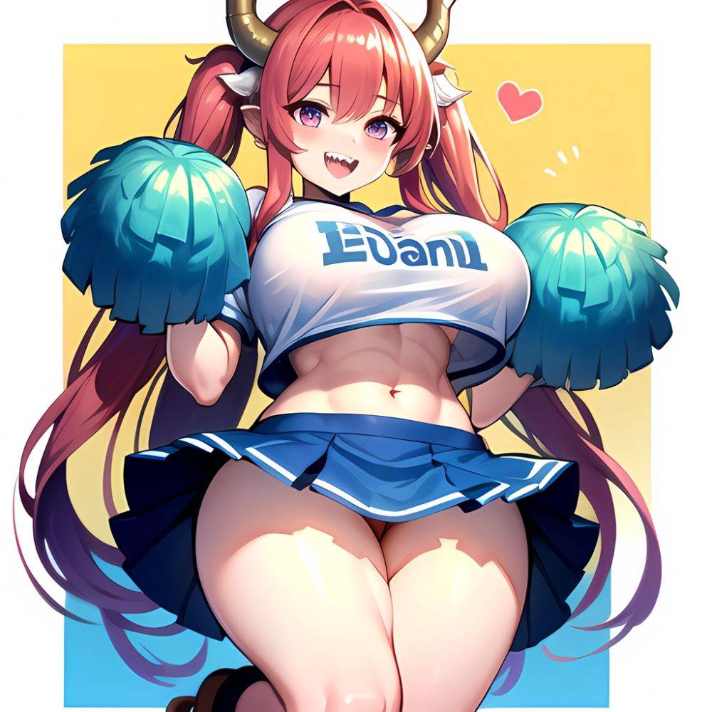 1girl Absurdres Blue Skirt Bluefrok Breasts Cheerleader Dragon Girl Dragon Horns Highres Holding Holding Pom Poms Horns Huge Bre, 1439505506 - AIHentai - #main