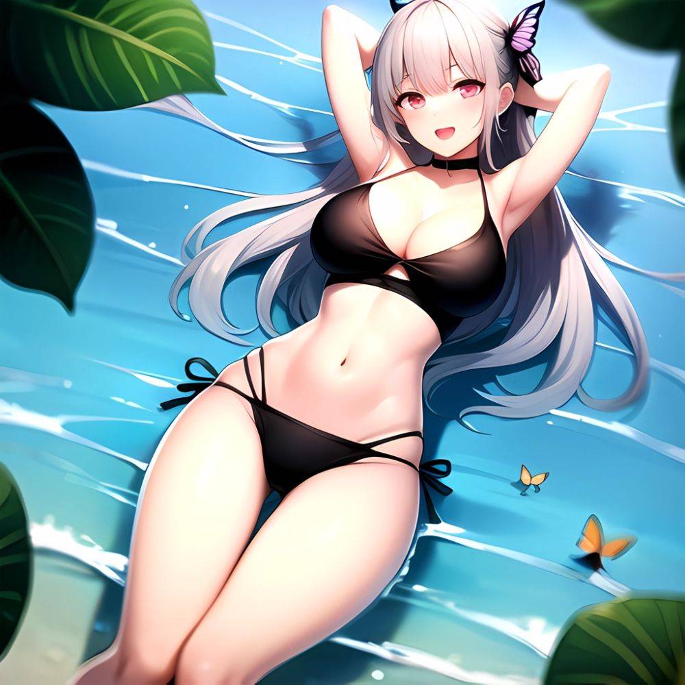 1girl D Bare Arms Bare Shoulders Bikini Black Bikini Breasts Bug Butterfly Butterfly Hair Ornament Choker Cleavage Feet Out Of, 577350528 - AIHentai - #main