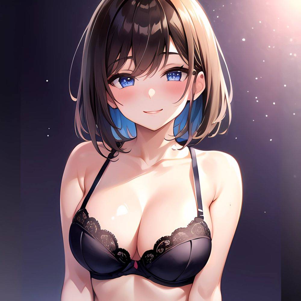 1girl Ai Generated Blue Eyes Blush Breasts Brown Hair Highres Large Breasts Light Smile Looking At Viewer Purple Background Shor, 515810409 - AIHentai - #main