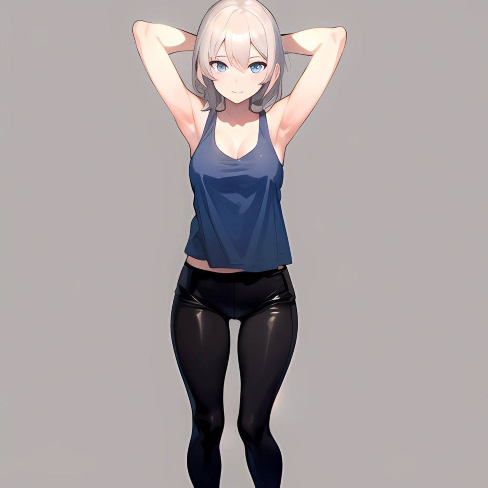 1girl Solo Tank Top Leggings Blue Eyes Standing Fully Clothed Pov Simple Background Arms Behind Head, 3829047634 - AIHentai - #main