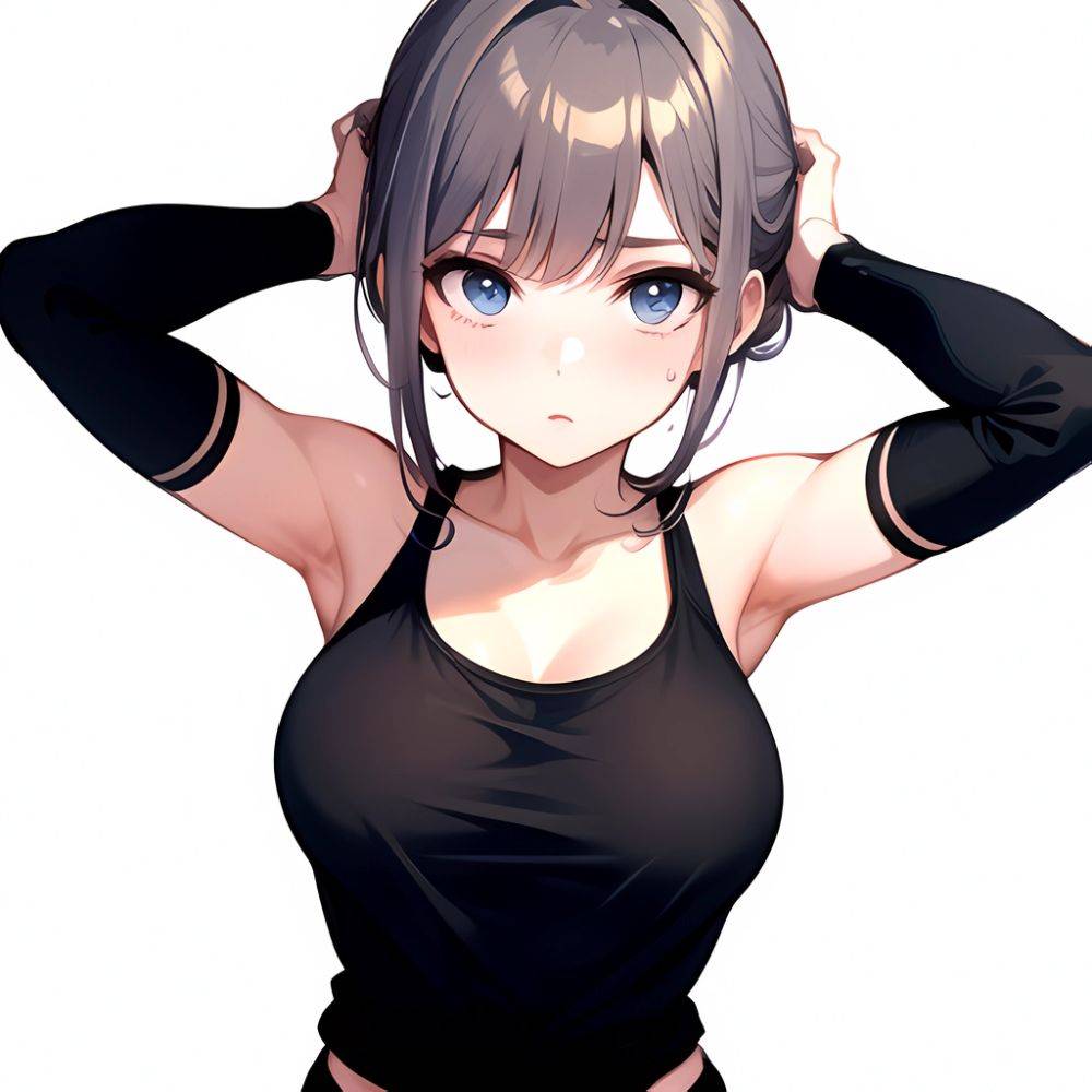 1girl Solo Tank Top Leggings Blue Eyes Standing Fully Clothed Pov Simple Background Arms Behind Head, 1281249529 - AIHentai - #main