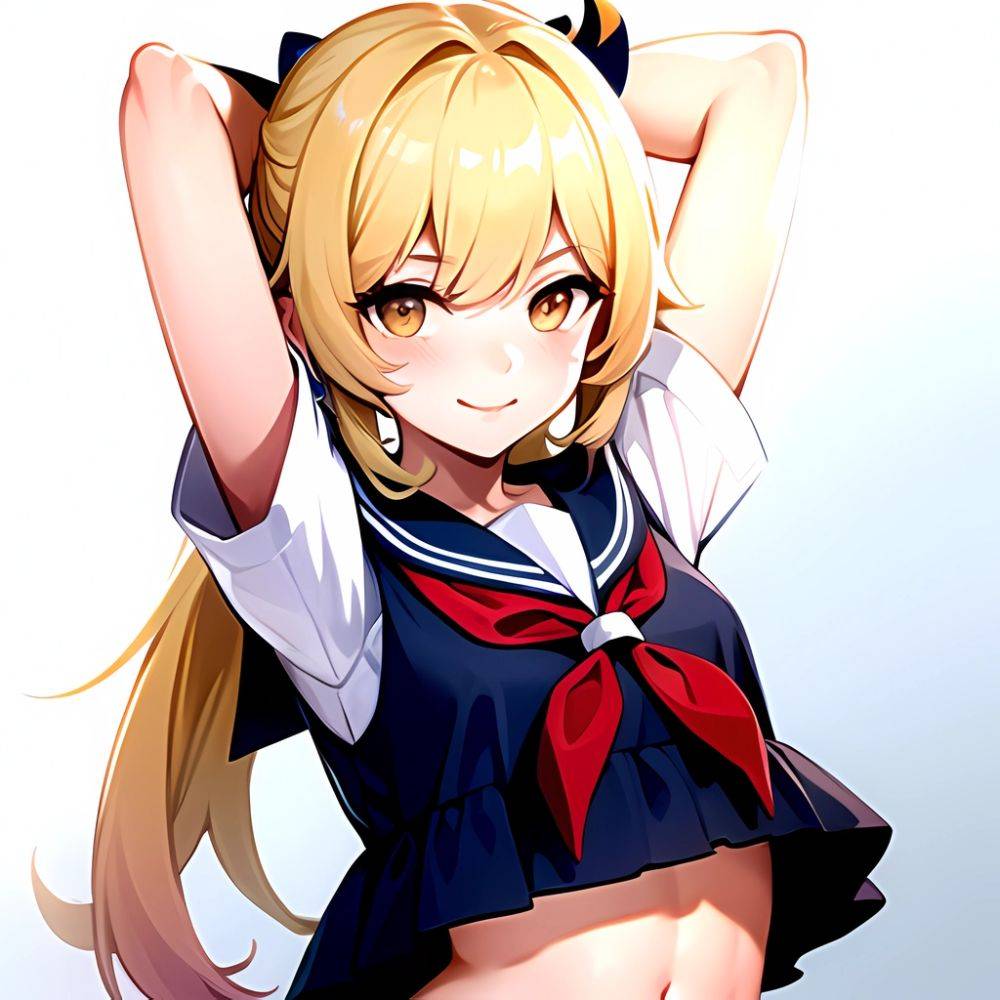 1girl Arms Up Arms Behind Head Blonde Hair Blue Skirt Bow Crop Top Crop Top Overhang Genshin Impact Gradient Background, 4094162759 - AIHentai - #main