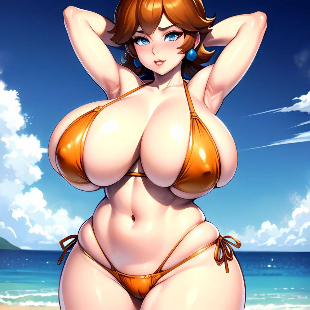 1girl Areola Slip Armpits Arms Behind Head Bikini Blue Eyes Blush Breasts Brown Hair Cleavage Huge Breasts Legs Mario Series, 1944522226 - AIHentai - #main