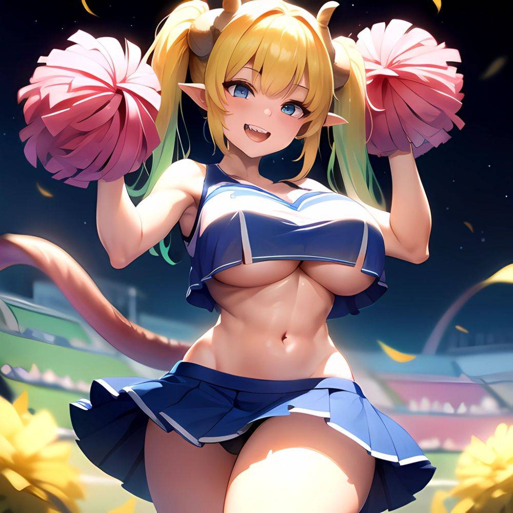 1girl Absurdres Blue Skirt Bluefrok Breasts Cheerleader Dragon Girl Dragon Horns Highres Holding Holding Pom Poms Horns Huge Bre, 1017286963 - AIHentai - #main