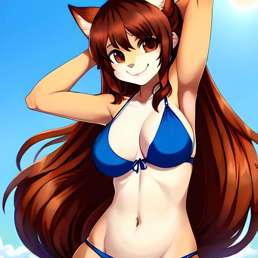 1girl Armpits Arms Behind Head Bikini Brown Eyes Brown Hair Cowboy Shot Dot Nose Flat Chest From Side Hair Ornament, 2958716507 - AIHentai - #main