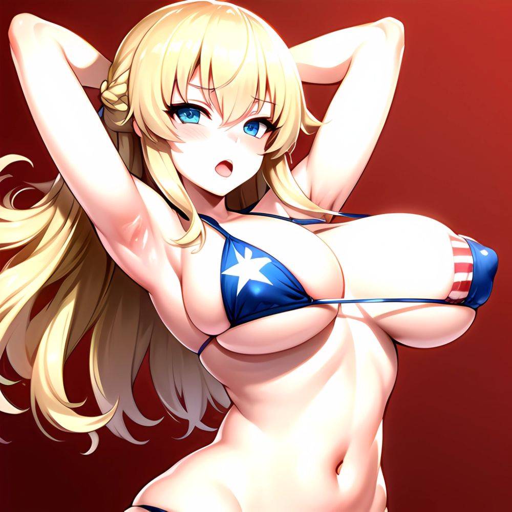 1girl American Flag Bikini Armpits Arms Behind Head Bikini Blonde Hair Blue Eyes Blush Breasts Covered Erect Nipples Flag Print, 978073521 - AIHentai - #main