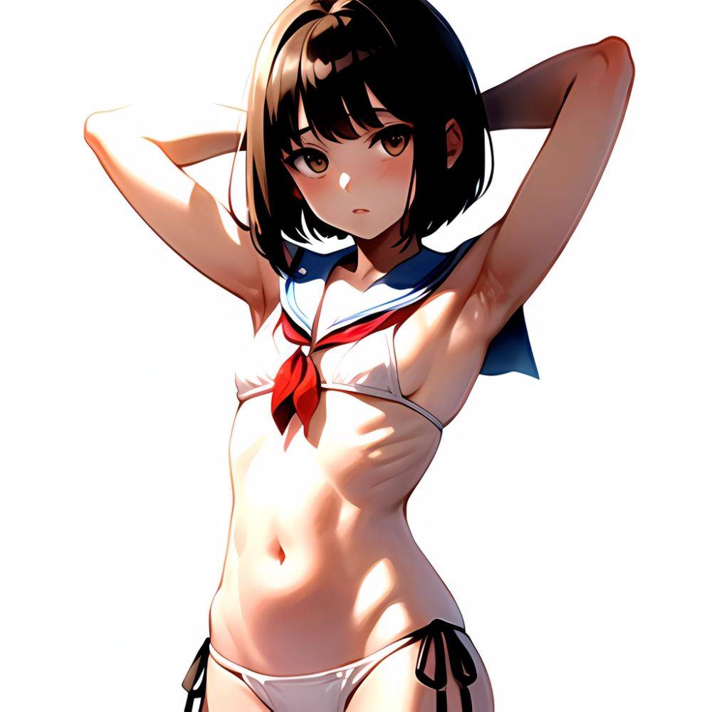 1girl Arms Up Arms Behind Head Bikini Bob Cut Brown Eyes Brown Hair Cosplay Cowboy Shot Flat Chest Headgear Inverted, 311387413 - AIHentai - #main