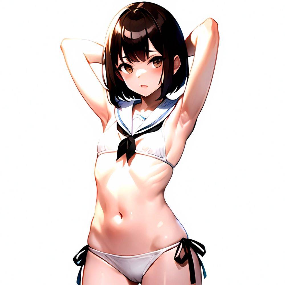 1girl Arms Up Arms Behind Head Bikini Bob Cut Brown Eyes Brown Hair Cosplay Cowboy Shot Flat Chest Headgear Inverted, 2614926353 - AIHentai - #main