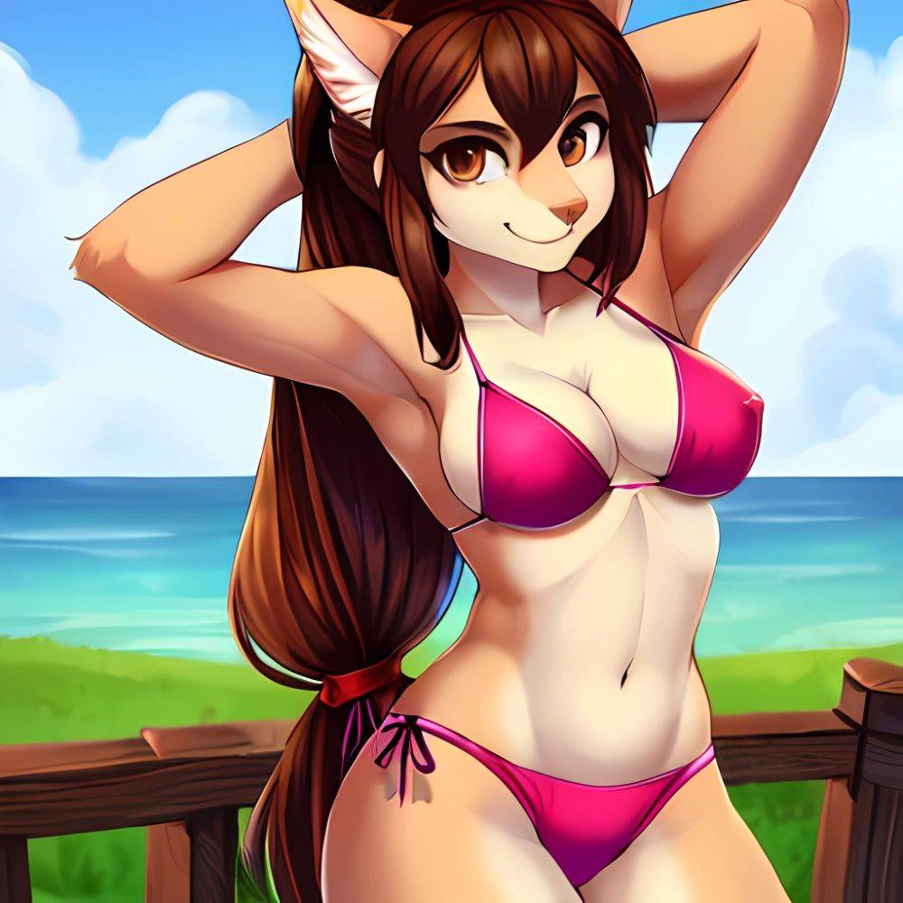 1girl Armpits Arms Behind Head Bikini Brown Eyes Brown Hair Cowboy Shot Dot Nose Flat Chest From Side Hair Ornament, 3942943563 - AIHentai - #main