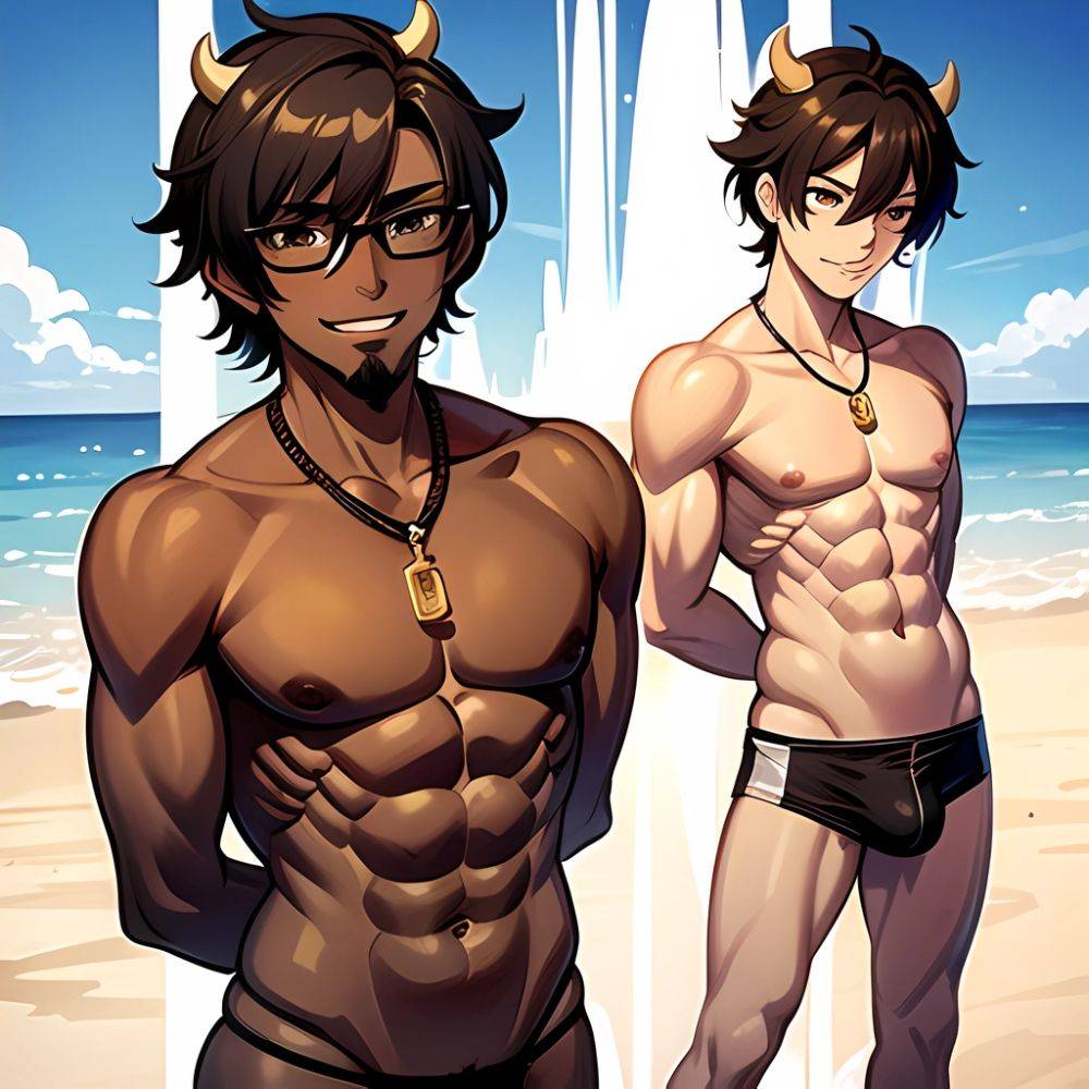 Naked Abs Adjusting Eyewear Atlas Vos Bara Beach Bracelet Brown Eyes Brown Hair Bulge Collarbone Commission Cow Horns Dark Skinn, 1544358789 - AIHentai - #main