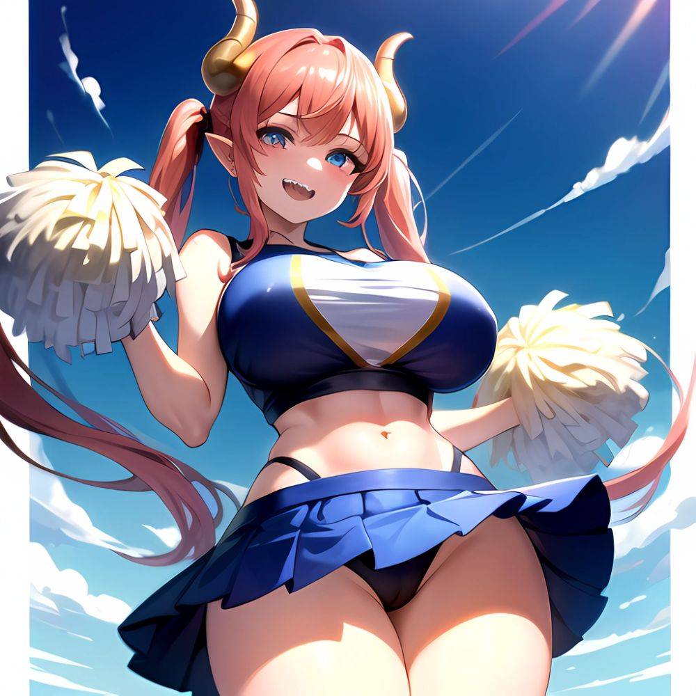 1girl Absurdres Blue Skirt Bluefrok Breasts Cheerleader Dragon Girl Dragon Horns Highres Holding Holding Pom Poms Horns Huge Bre, 2579927541 - AIHentai - #main