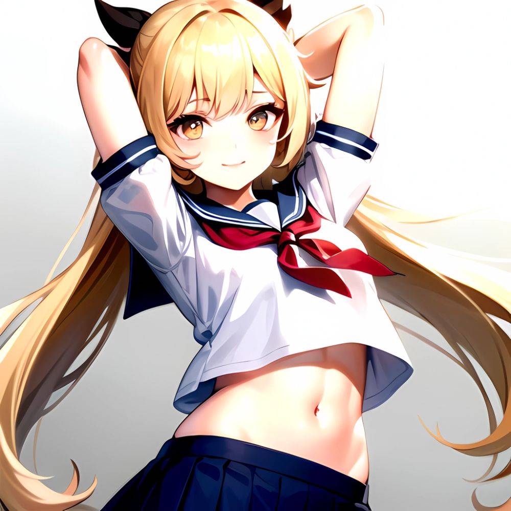 1girl Arms Up Arms Behind Head Blonde Hair Blue Skirt Bow Crop Top Crop Top Overhang Genshin Impact Gradient Background, 1502131187 - AIHentai - #main