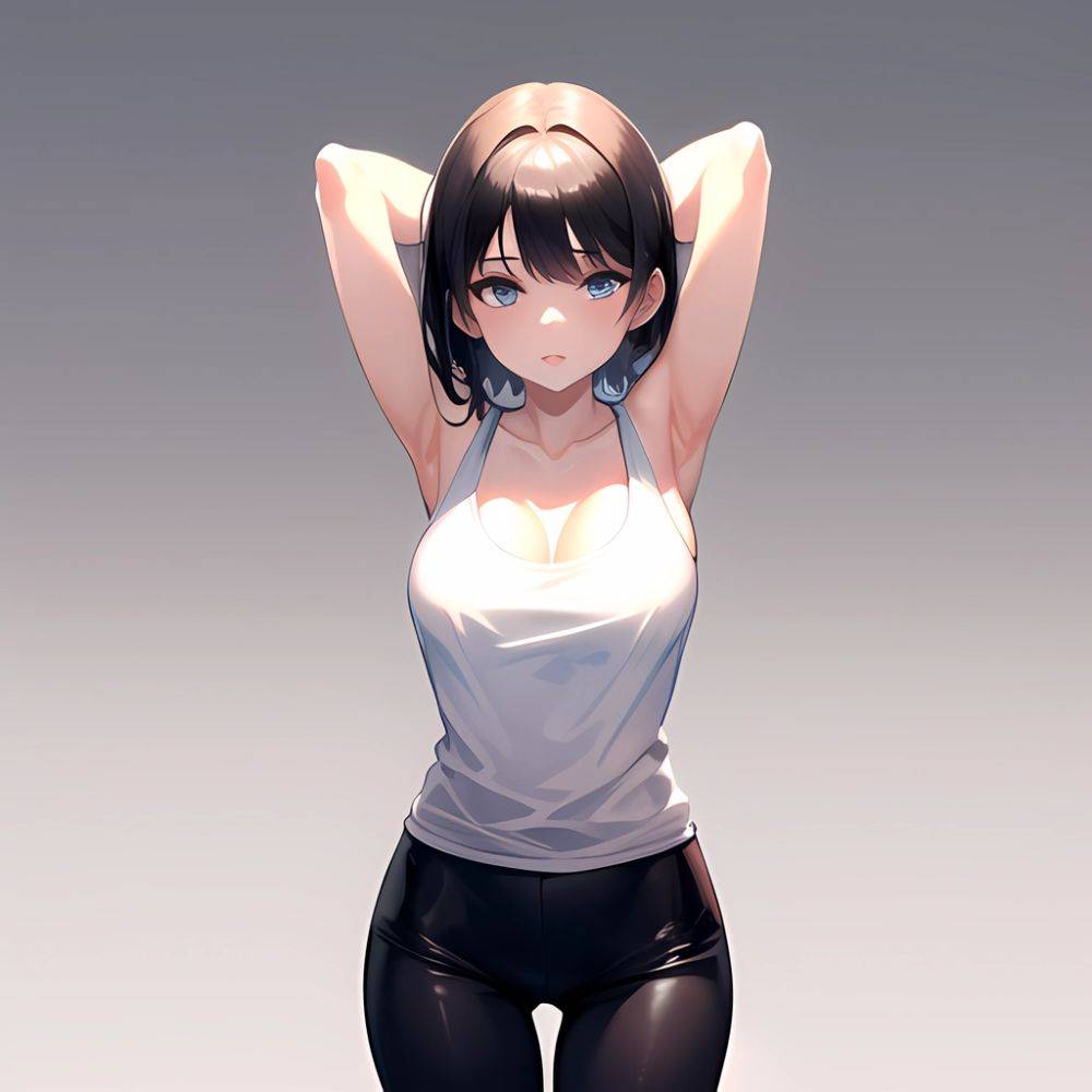 1girl Solo Tank Top Leggings Blue Eyes Standing Fully Clothed Pov Simple Background Arms Behind Head, 3747693472 - AIHentai - #main