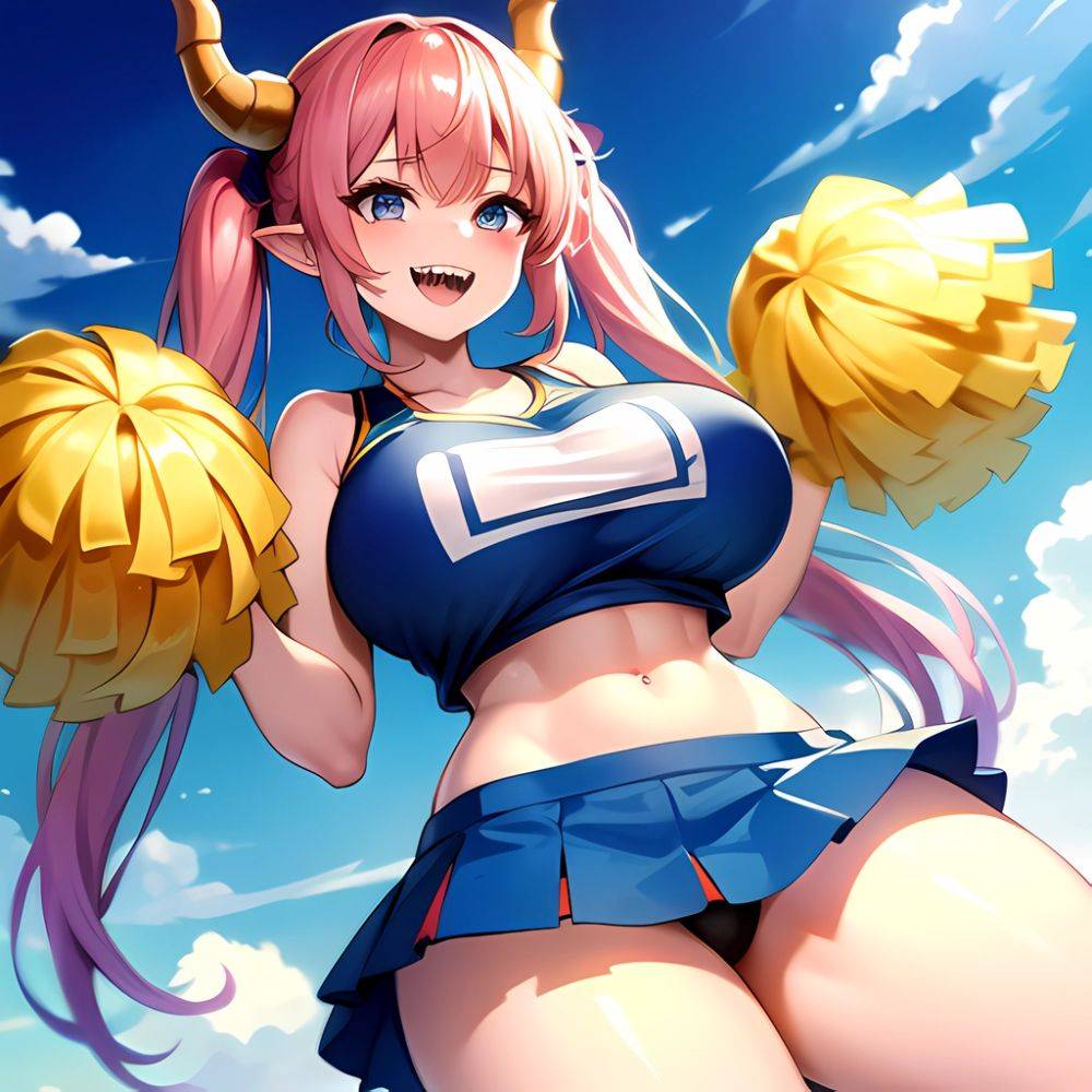 1girl Absurdres Blue Skirt Bluefrok Breasts Cheerleader Dragon Girl Dragon Horns Highres Holding Holding Pom Poms Horns Huge Bre, 4242584865 - AIHentai - #main