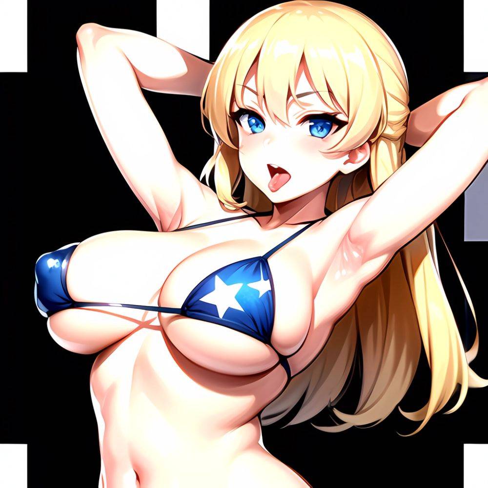 1girl American Flag Bikini Armpits Arms Behind Head Bikini Blonde Hair Blue Eyes Blush Breasts Covered Erect Nipples Flag Print, 4261449303 - AIHentai - #main