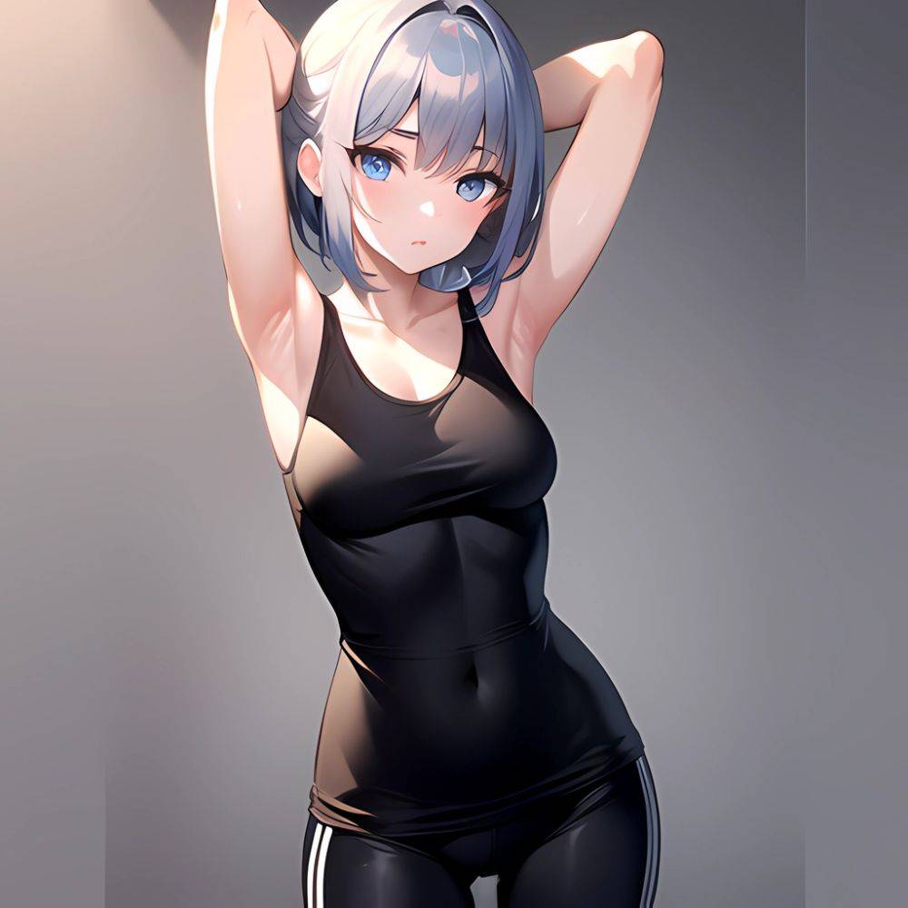 1girl Solo Tank Top Leggings Blue Eyes Standing Fully Clothed Pov Simple Background Arms Behind Head, 821733312 - AIHentai - #main