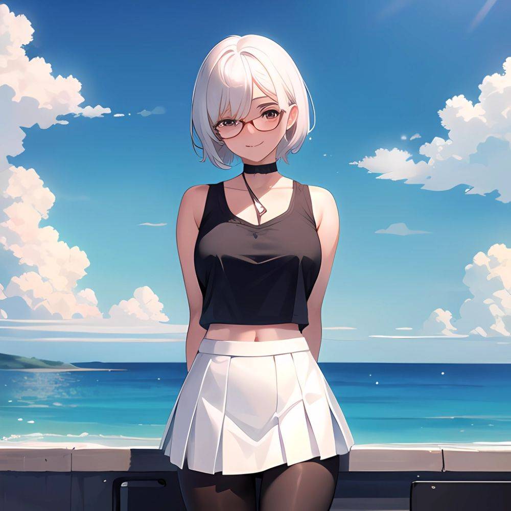 1girl Aircraft Bird Breasts Cloud Cloudy Sky Cowboy Shot Curtsey Dark Skinned Female Dark Skin Day Flashing Glasses Looking At, 4289834174 - AIHentai - #main