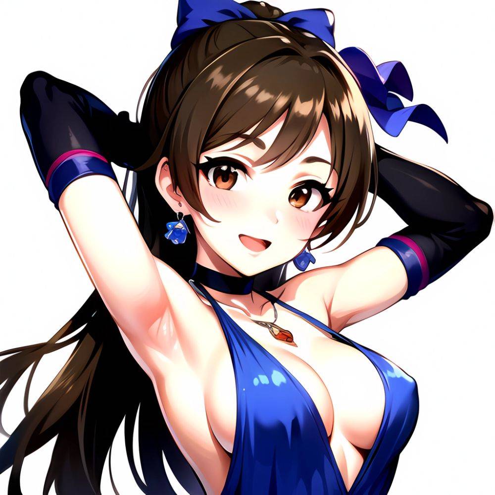 1girl Absurdres Armpits Arms Up Ayase Honoka Black Gloves Blue Bow Blue Dress Blush Bow Breasts Brown Eyes Brown Hair, 3892182561 - AIHentai - #main