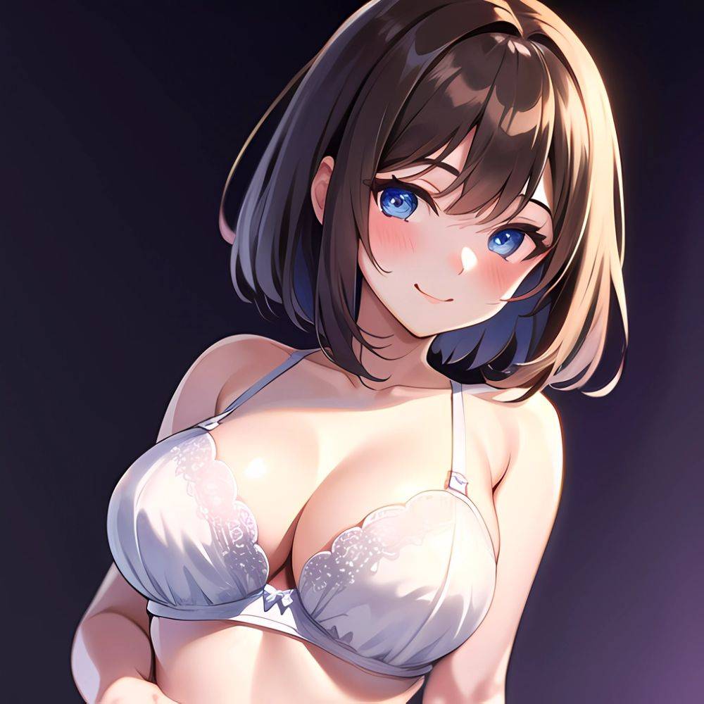1girl Ai Generated Blue Eyes Blush Breasts Brown Hair Highres Large Breasts Light Smile Looking At Viewer Purple Background Shor, 4214138906 - AIHentai - #main