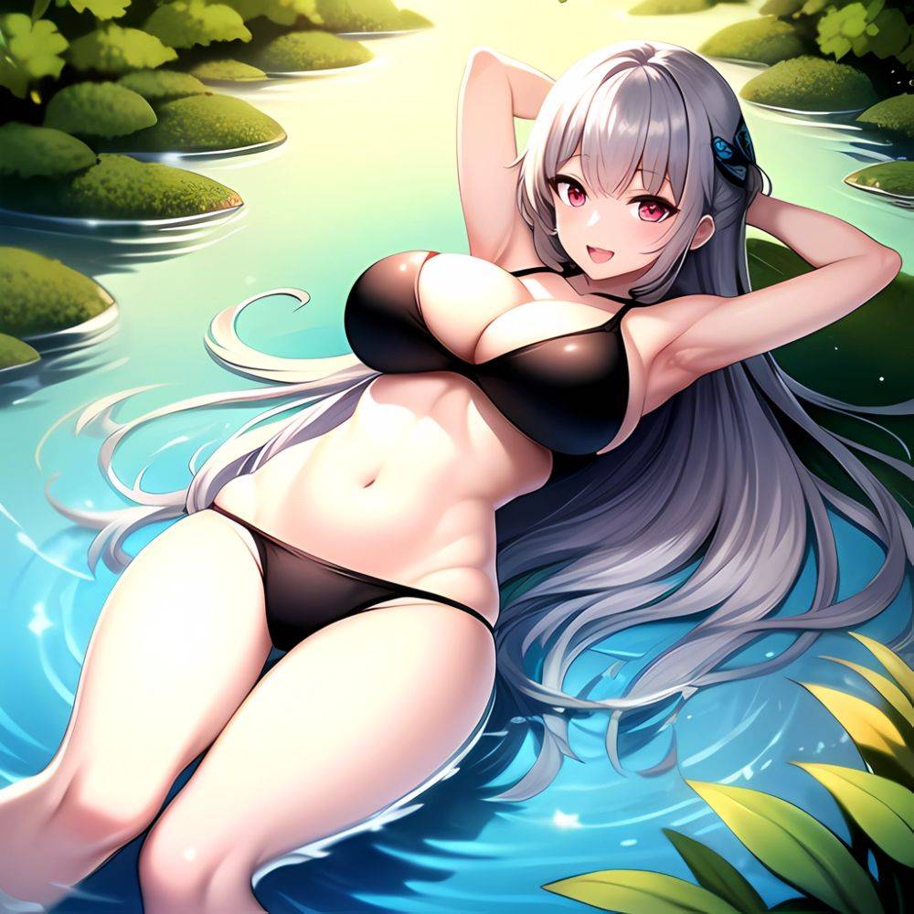 1girl D Bare Arms Bare Shoulders Bikini Black Bikini Breasts Bug Butterfly Butterfly Hair Ornament Choker Cleavage Feet Out Of, 1056079245 - AIHentai - #main
