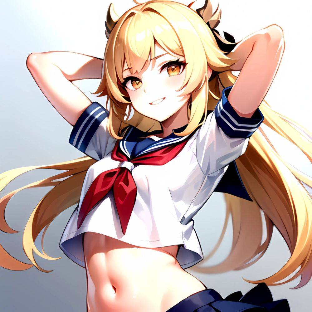 1girl Arms Up Arms Behind Head Blonde Hair Blue Skirt Bow Crop Top Crop Top Overhang Genshin Impact Gradient Background, 3952850561 - AIHentai - #main