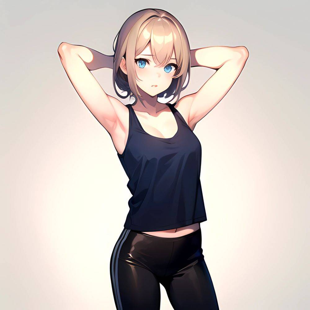 1girl Solo Tank Top Leggings Blue Eyes Standing Fully Clothed Pov Simple Background Arms Behind Head, 3997632658 - AIHentai - #main