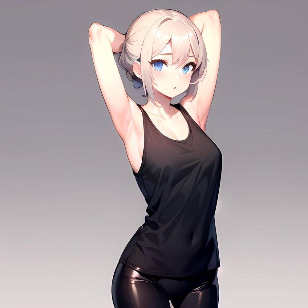 1girl Solo Tank Top Leggings Blue Eyes Standing Fully Clothed Pov Simple Background Arms Behind Head, 3000762913 - AIHentai - #main