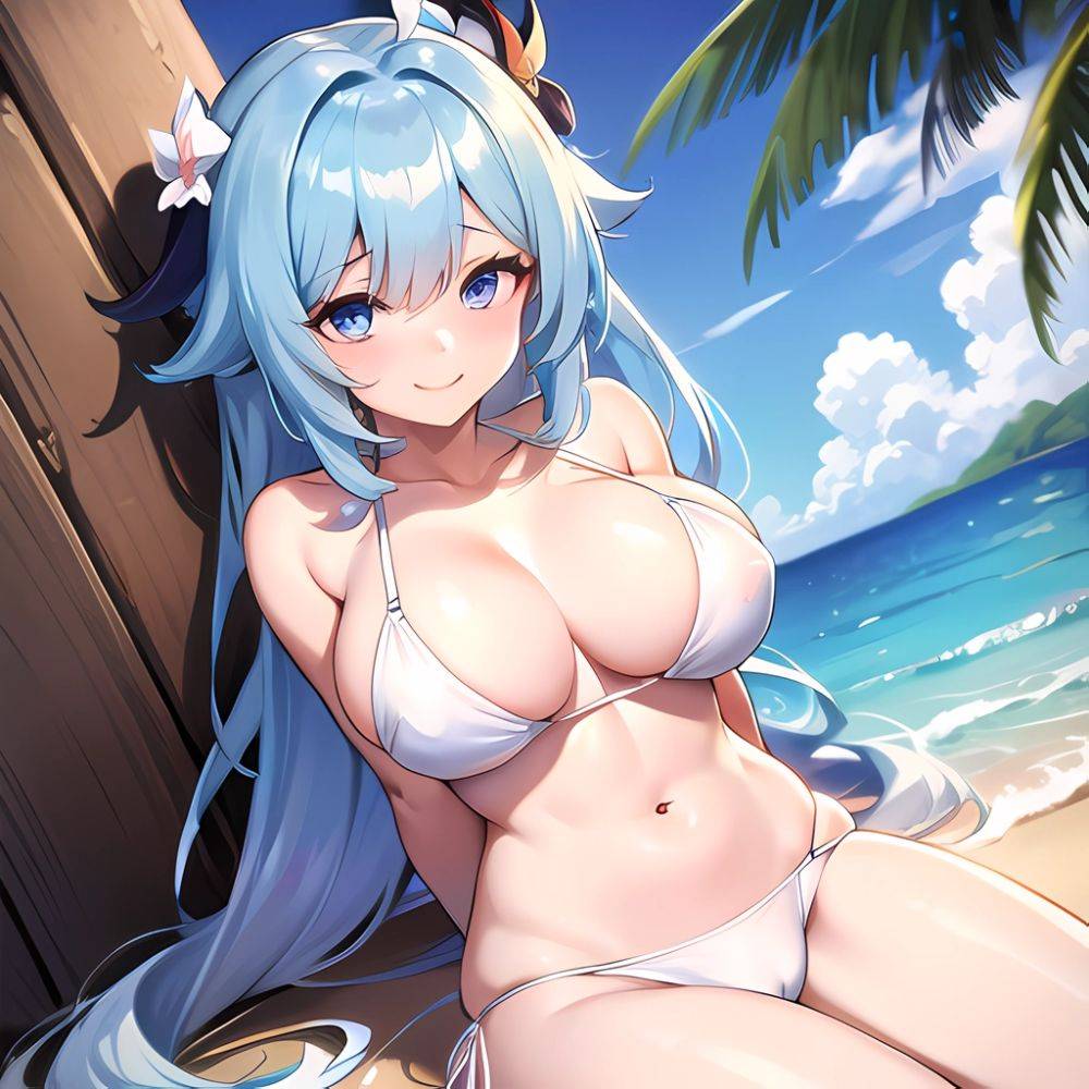 1girl Absurdres Bare Shoulders Beach Bikini Blue Eyes Blue Sky Blush Braid Braided Ponytail Breasts Cleavage Collarbone Genshin, 2963964680 - AIHentai - #main