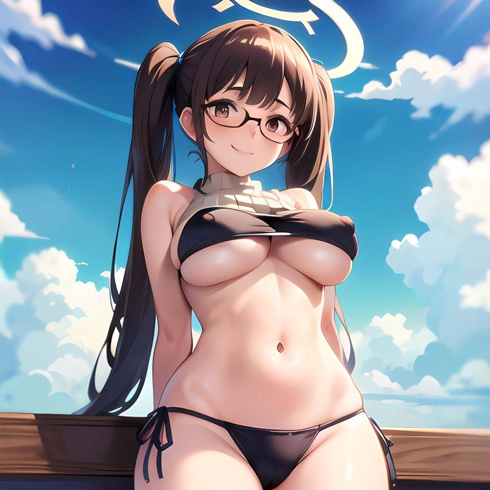 1girl Bikini Black Bikini Blue Archive Blue Sky Breasts Brown Eyes Brown Hair Closed Mouth Clothes Lift Cloud Covered Nipples, 593305772 - AIHentai - #main