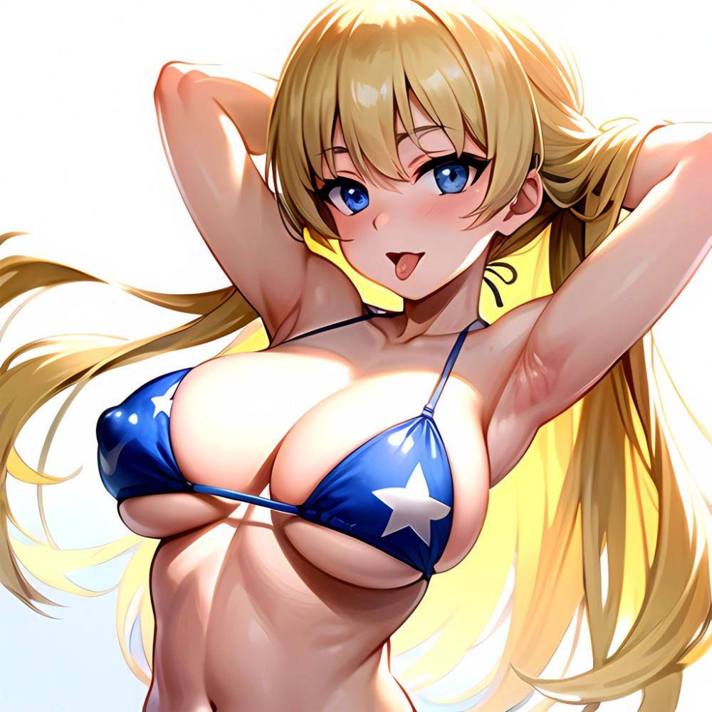 1girl American Flag Bikini Armpits Arms Behind Head Bikini Blonde Hair Blue Eyes Blush Breasts Covered Erect Nipples Flag Print, 2598966857 - AIHentai - #main