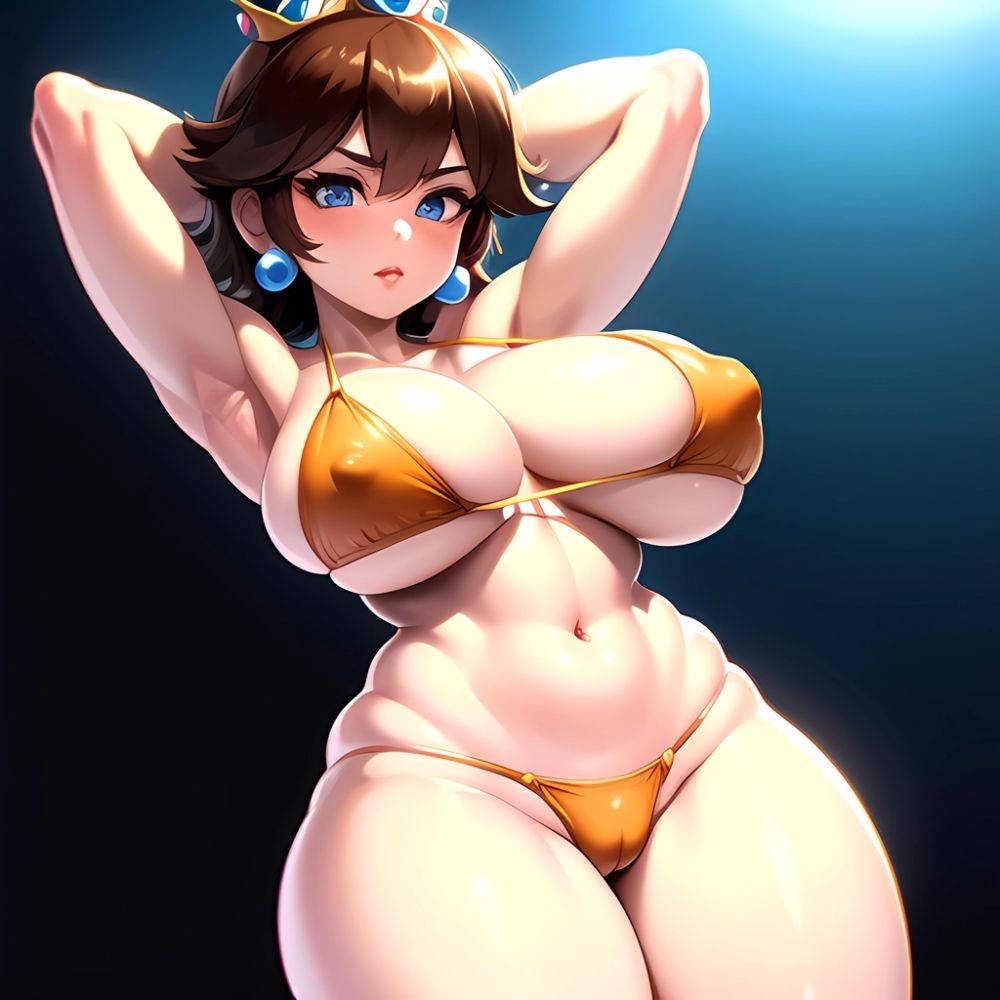 1girl Areola Slip Armpits Arms Behind Head Bikini Blue Eyes Blush Breasts Brown Hair Cleavage Huge Breasts Legs Mario Series, 2179806184 - AIHentai - #main