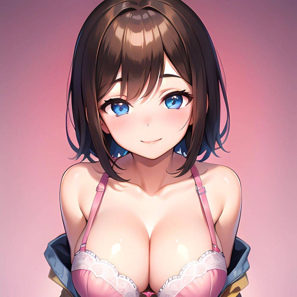 1girl Ai Generated Blue Eyes Blush Breasts Brown Hair Highres Large Breasts Light Smile Looking At Viewer Pink Background Short, 3942688142 - AIHentai - #main