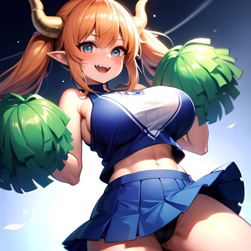1girl Absurdres Blue Skirt Bluefrok Breasts Cheerleader Dragon Girl Dragon Horns Highres Holding Holding Pom Poms Horns Huge Bre, 1912696125 - AIHentai - #main
