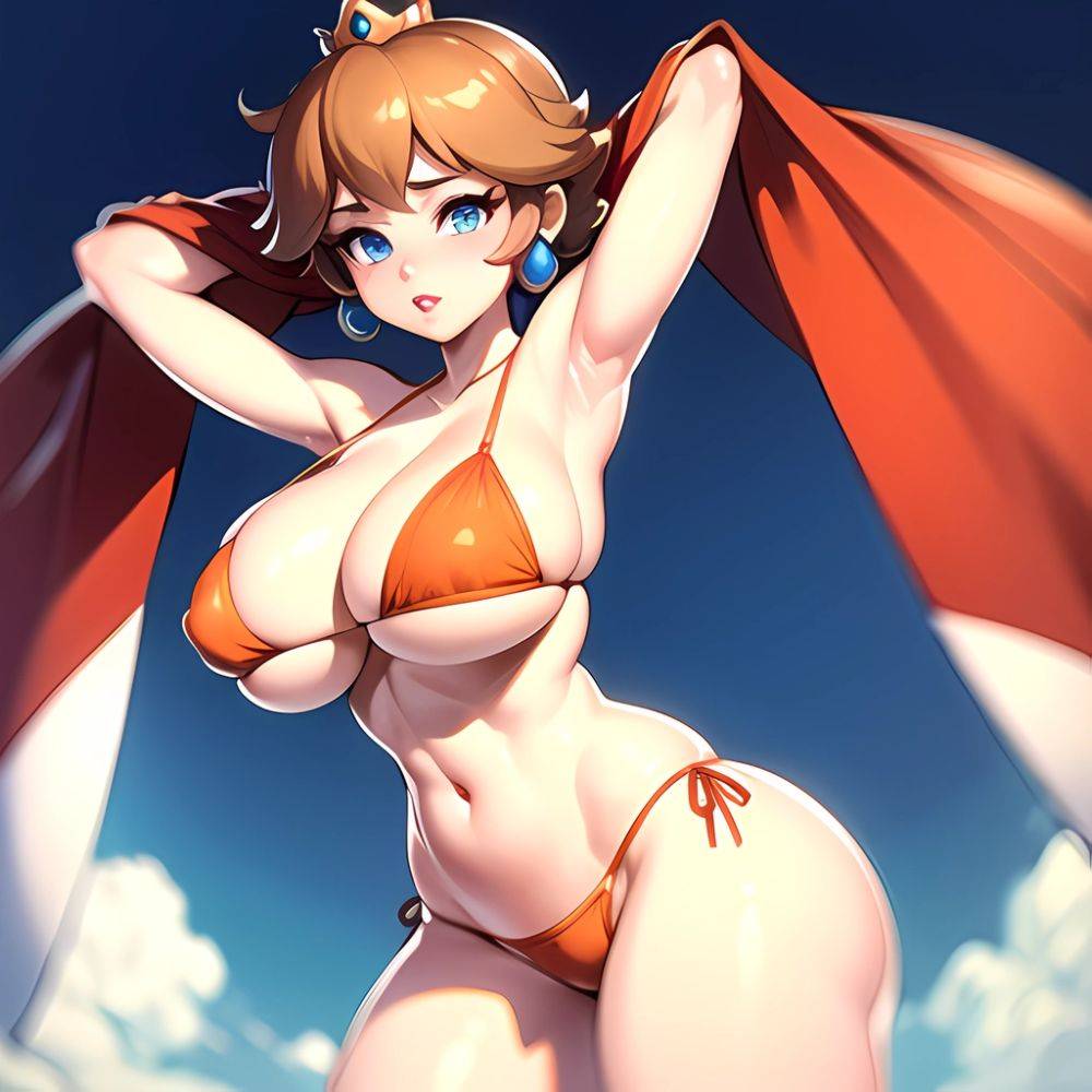 1girl Areola Slip Armpits Arms Behind Head Bikini Blue Eyes Blush Breasts Brown Hair Cleavage Huge Breasts Legs Mario Series, 2542792237 - AIHentai - #main