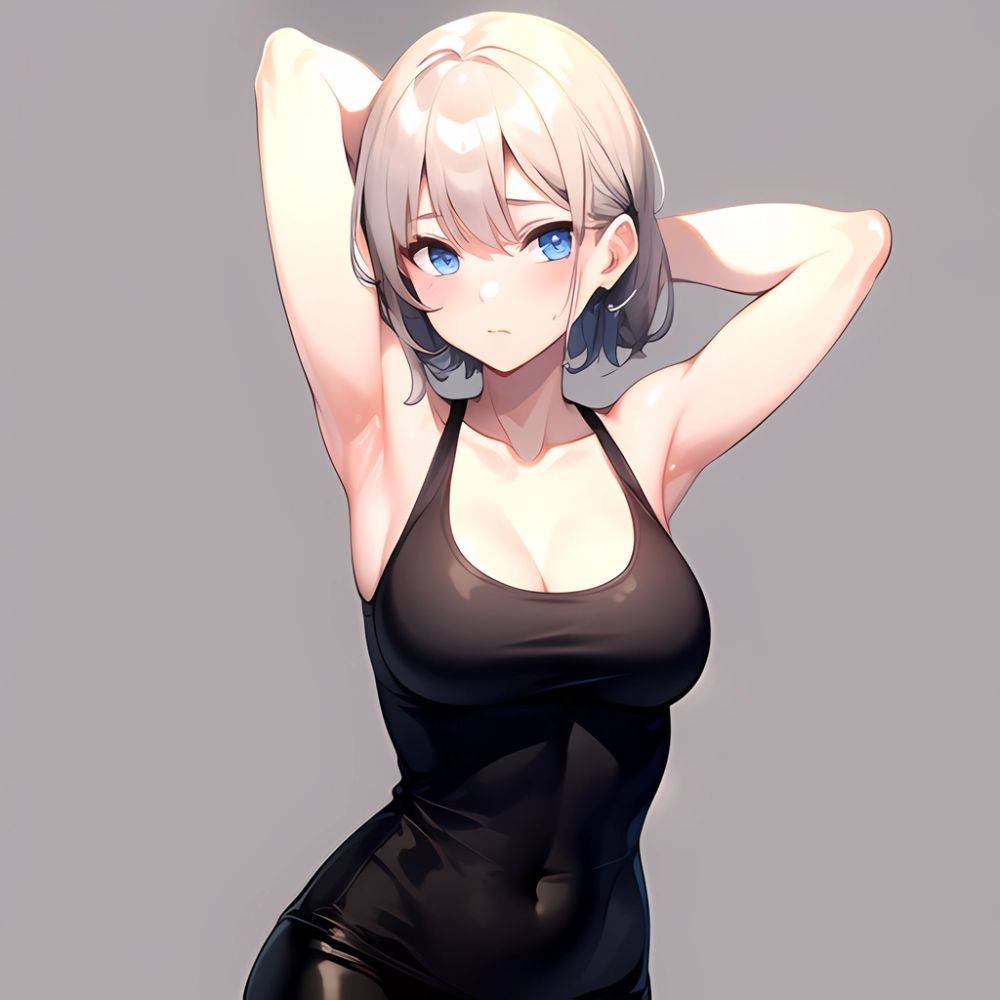 1girl Solo Tank Top Leggings Blue Eyes Standing Fully Clothed Pov Simple Background Arms Behind Head, 2451117455 - AIHentai - #main