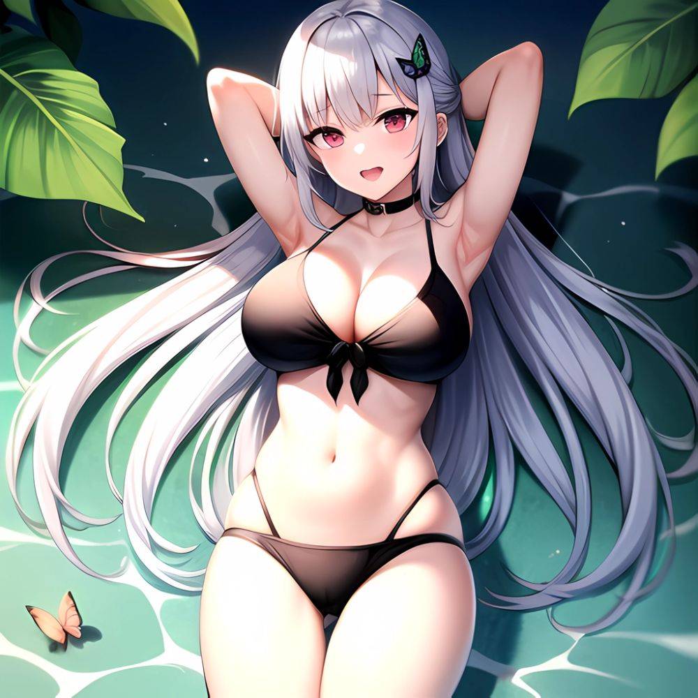 1girl D Bare Arms Bare Shoulders Bikini Black Bikini Breasts Bug Butterfly Butterfly Hair Ornament Choker Cleavage Feet Out Of, 3878466661 - AIHentai - #main