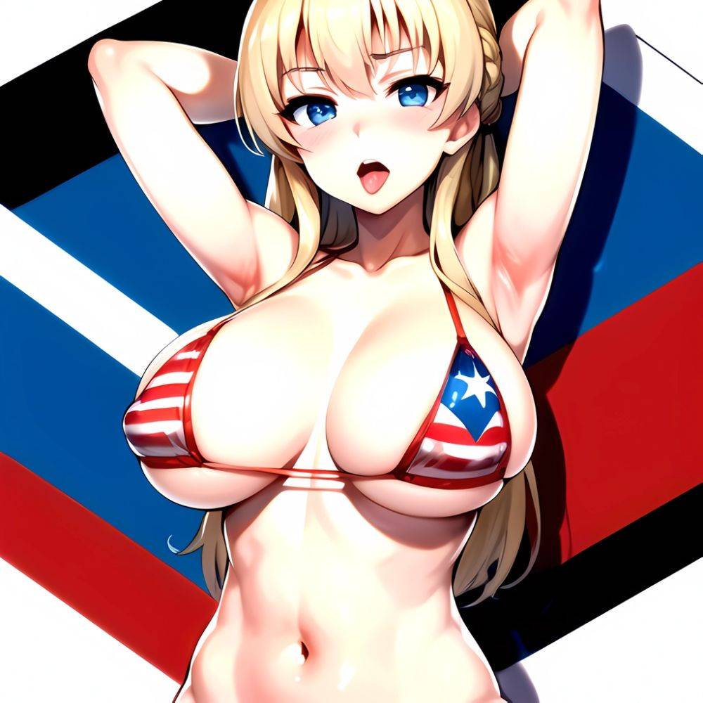 1girl American Flag Bikini Armpits Arms Behind Head Bikini Blonde Hair Blue Eyes Blush Breasts Covered Erect Nipples Flag Print, 2769735505 - AIHentai - #main