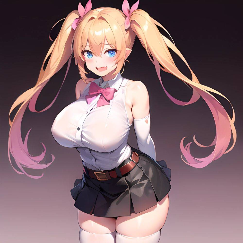 1girl Aymusk Belt Black Skirt Blonde Hair Blue Eyes Blush Bow Bowtie Breasts Curvy Elbow Gloves Fang Gloves Gradient Background, 2057509229 - AIHentai - #main