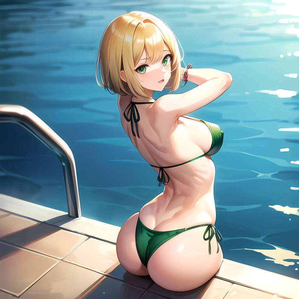 1girl Armpits Arms Game Ass Bikini Blonde Hair Bob Cut Bracelet Breasts Butt Crack Covered Erect Nipples Green Bikini Green, 1374472938 - AIHentai - #main