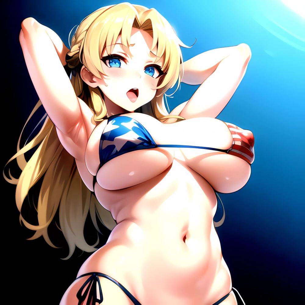 1girl American Flag Bikini Armpits Arms Behind Head Bikini Blonde Hair Blue Eyes Blush Breasts Covered Erect Nipples Flag Print, 3198778812 - AIHentai - #main